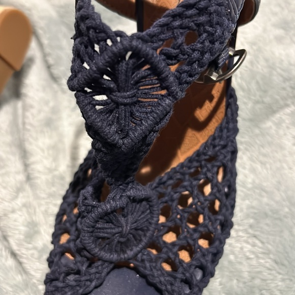 Navy Macrame Wedge Espadrille Sandals-NWT- 9 - Picture 3 of 11
